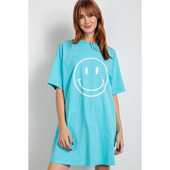 Easel Womens Smiley Face Happy Oversized Dress Top in Turquoise Blue S-L ED18419 - Picture 1 of 5